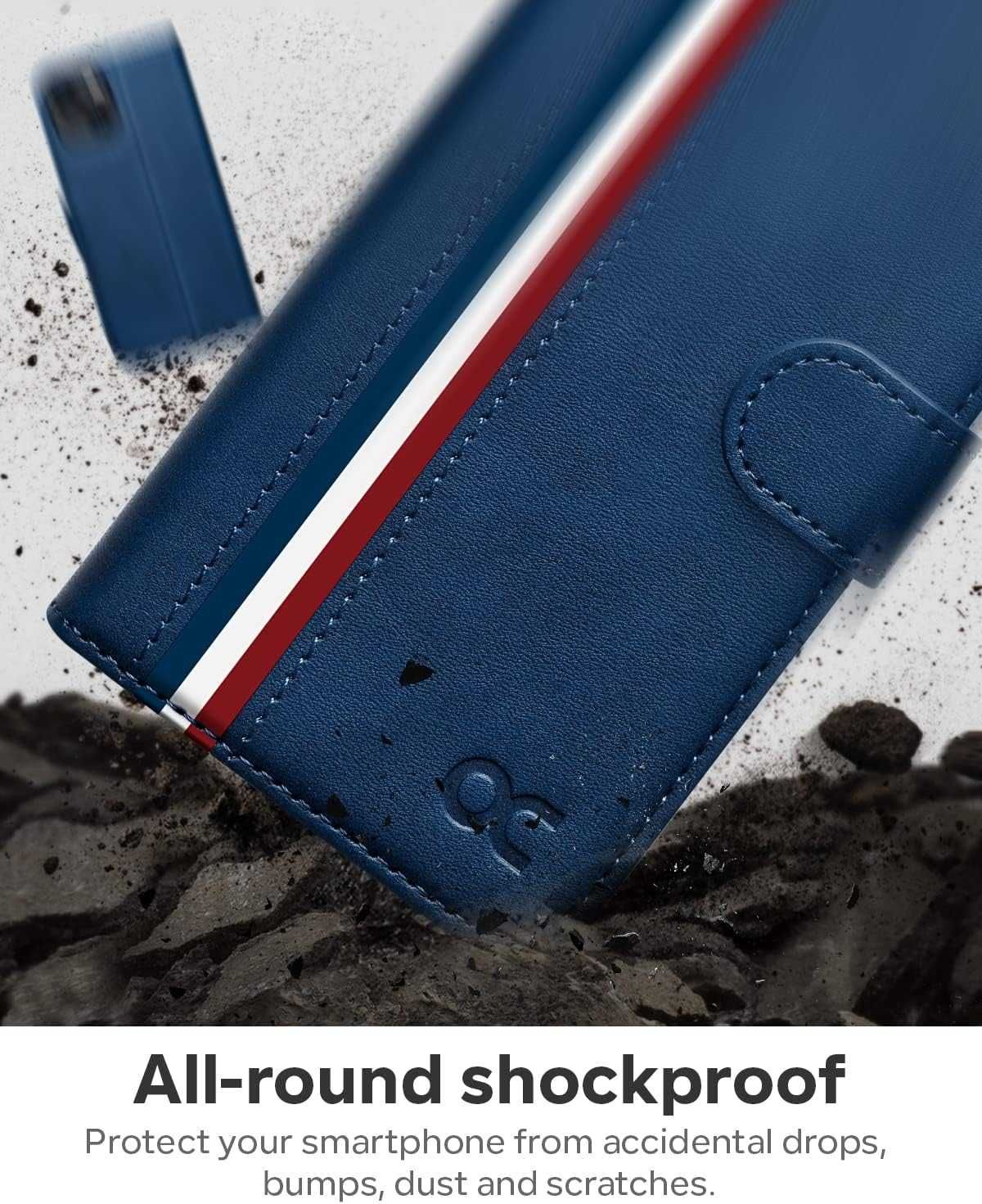 OCASE skórzane etui iPhone 13 iPhone 14 z klapką RFID niebieski