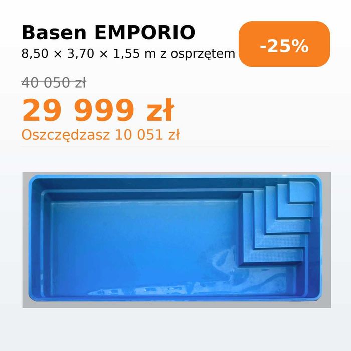 WYPRZEDAŻ Basen ogrodowy z laminatu, poliestrowy 8.5x3.7x1.55 zestaw