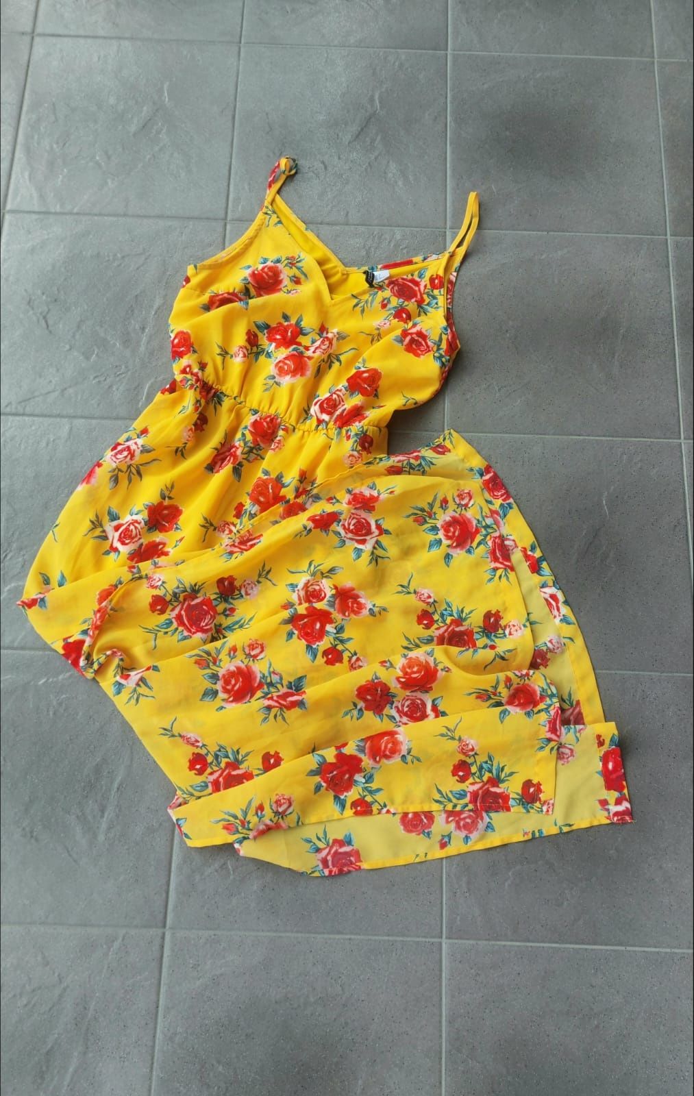 Sukienka długa maxi na ramiączkach rozcięcia zwiewna róże M 38 H&M