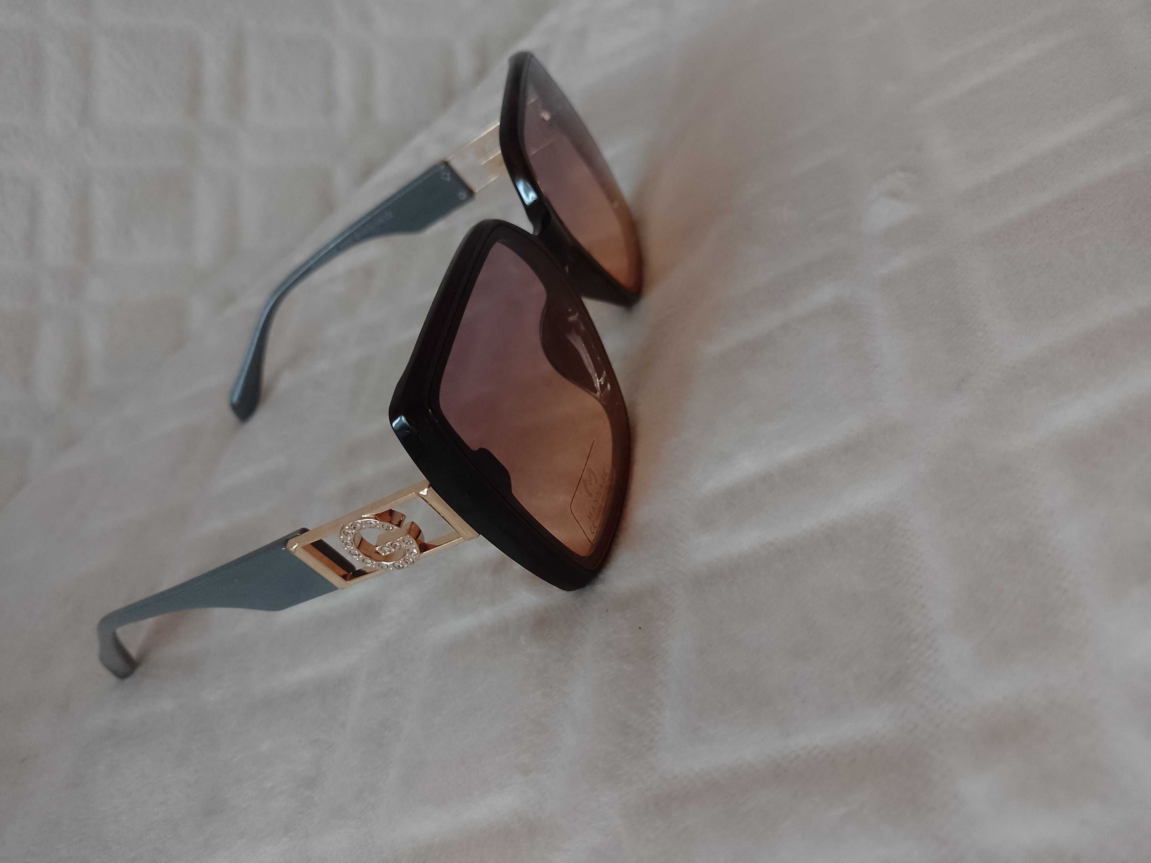 Duże, Szaro - brązowe, bogato zdobione okulary przeciwsłoneczne, NOWE