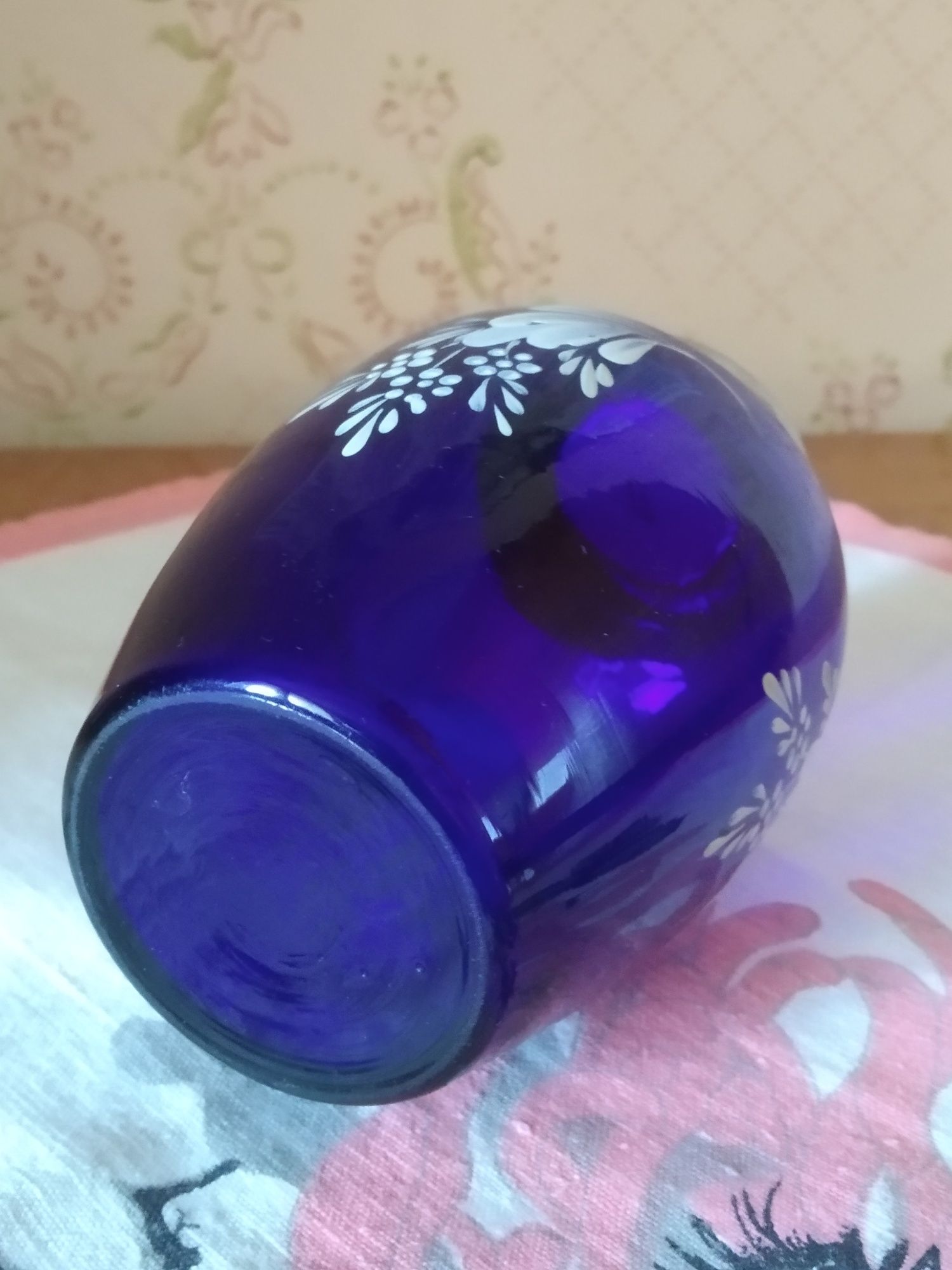 Старенькая чайница, синее стекло СССР, ручная роспись