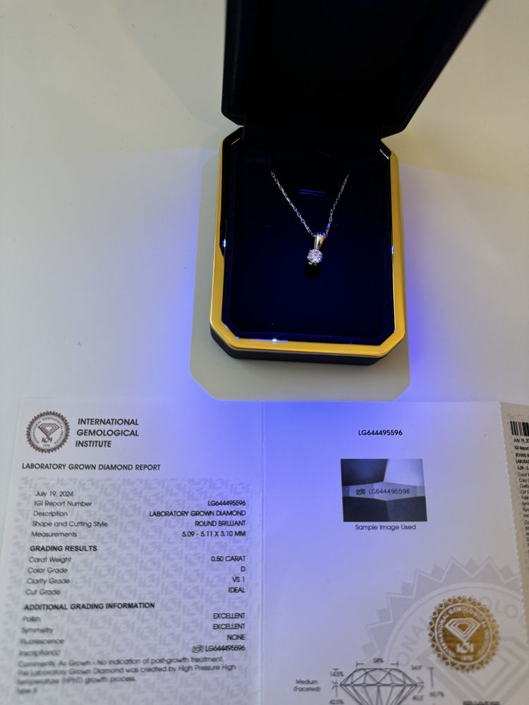 Zawieszka/wisiorek 585 z diamentem 0,5 ct VS1 D, z certyfikatem IGI