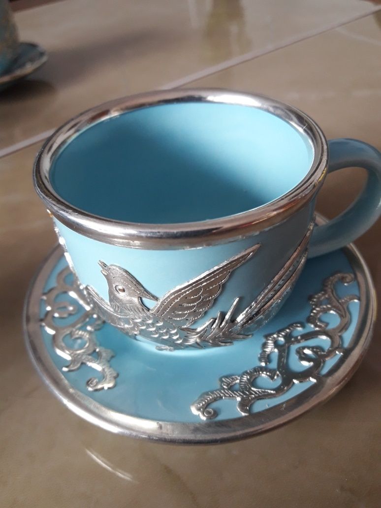 Antyczny zestaw do herbaty srebro ceramika Chiny 1920 r.