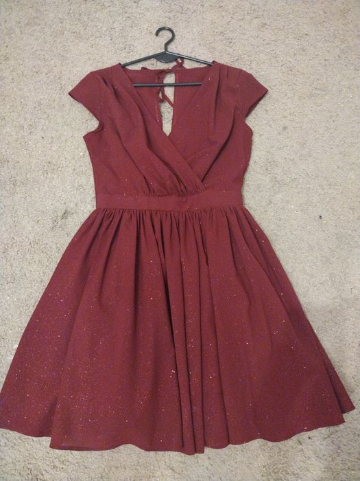 Sukienka bordowa brokat weselna s/m