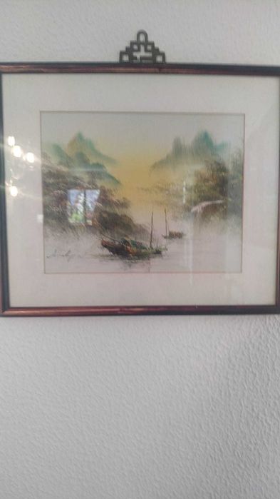 Quadro aguarela chinesa-junco