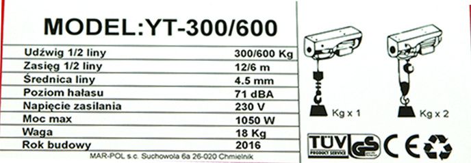 WYCIĄGARKA WCIĄGARKA elektryczna 300kg / 600KG mar-pol