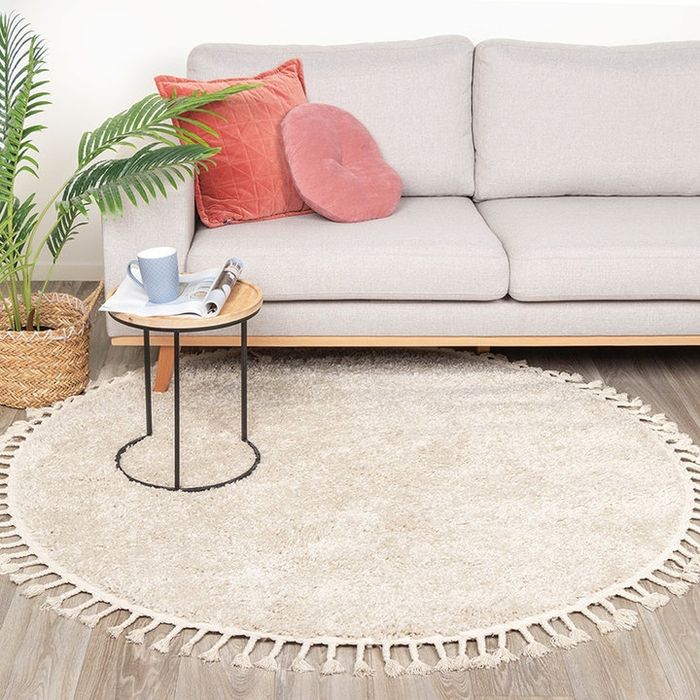 Dywan okrągły 120cm beżowy beż jasny frędzle boho