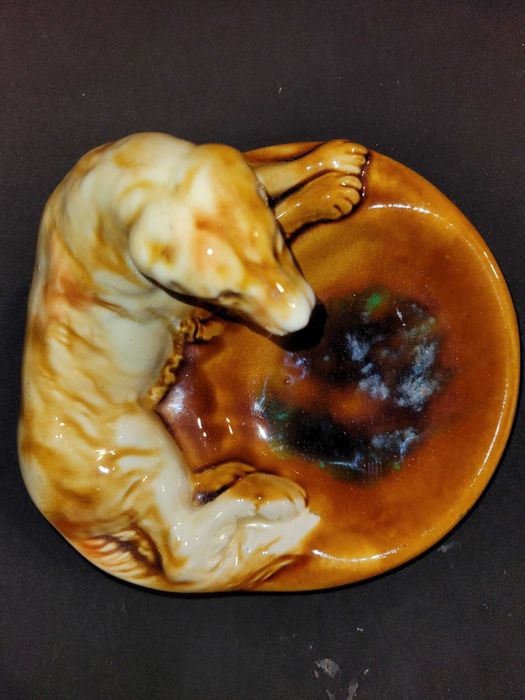 Статуэтка пепельница собака старая гежель, обливная керамика ссср