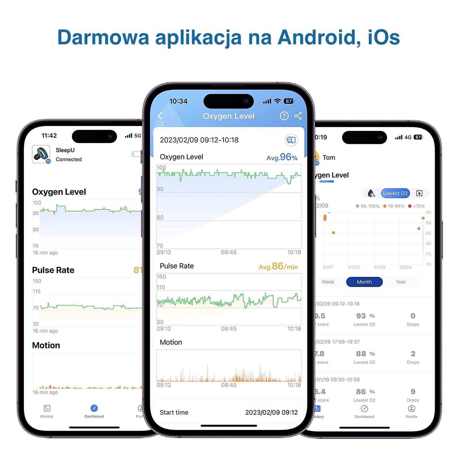 Monitor oddechu pulsoksymetr na bezdech. Wibracja, Bluetooth, APP