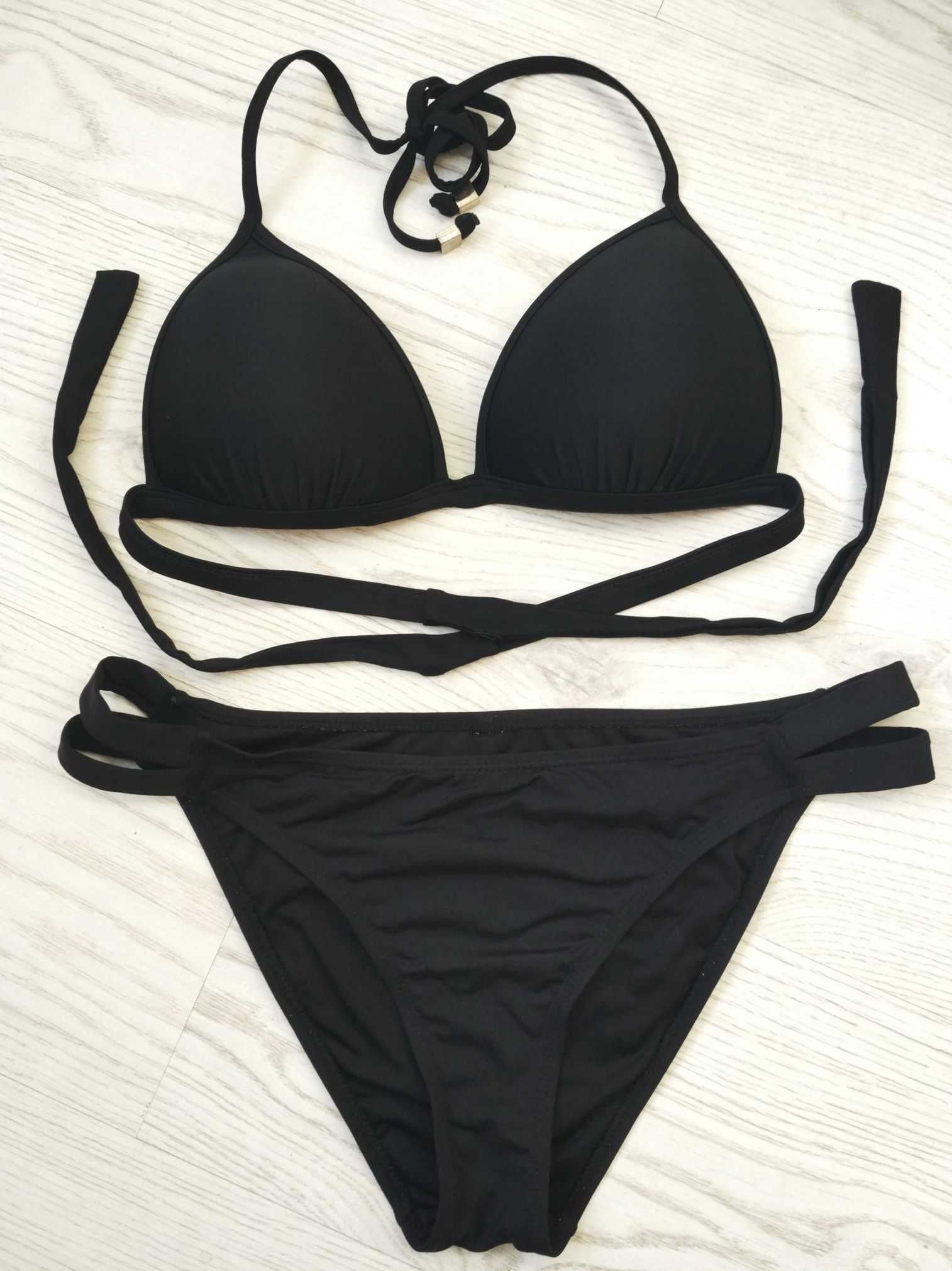 Czarny strój kąpielowy bikini wiazany stanik push up 75-80c majtki 40