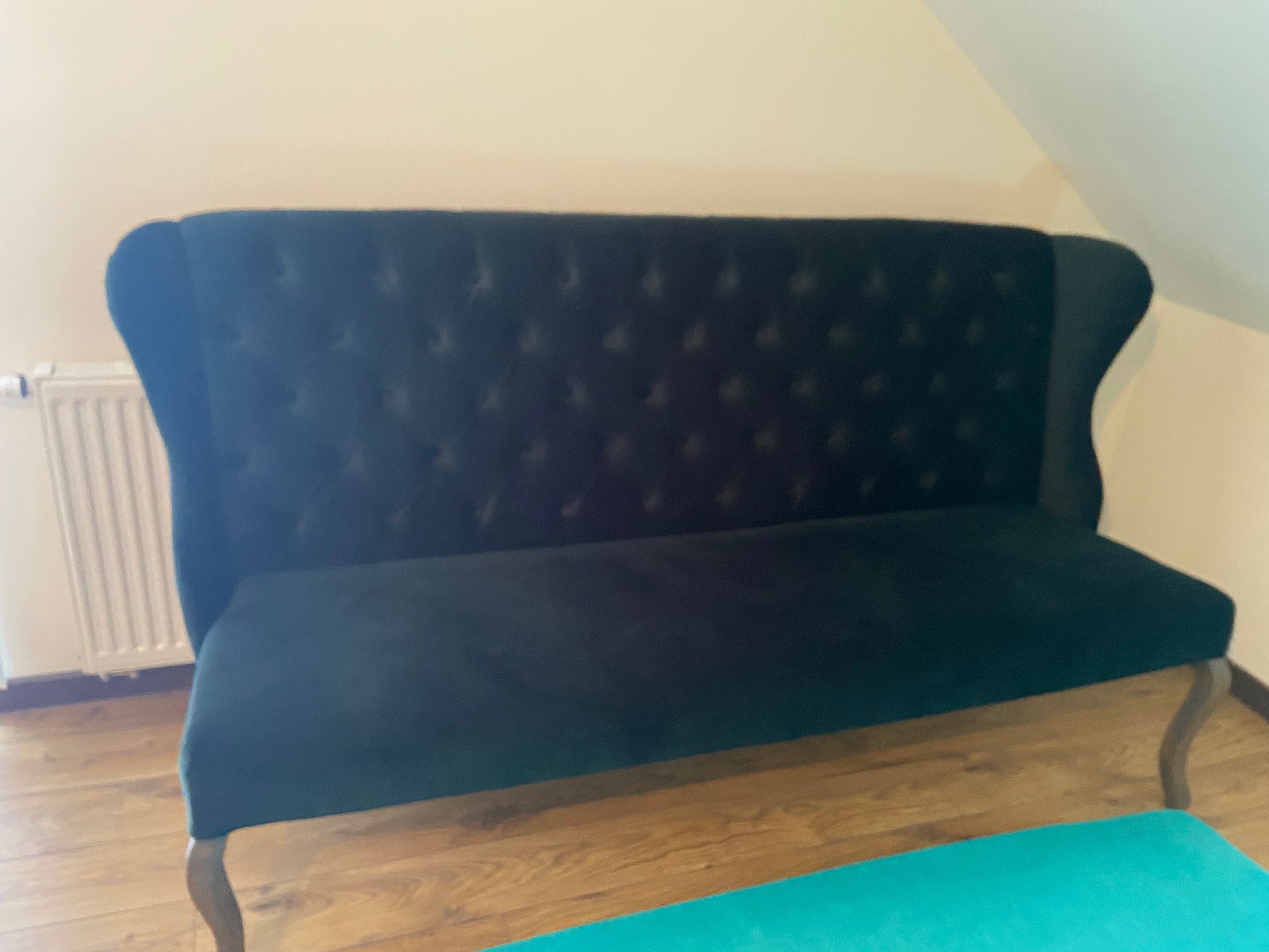 Kanapa sofa Chesterfield zielona 180 cm welur debowe nogi Ludwik