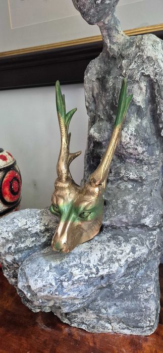 Rzeźba z drewna poroże lis z rogami trofeum dekor popart surrealizm