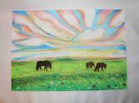 Obraz pastele olejne A3 konie łąka zachód słońca HANDMADE