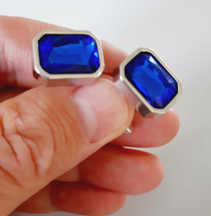 Spinki do mankietów koszuli nowe prostokątne srebrno niebieskie