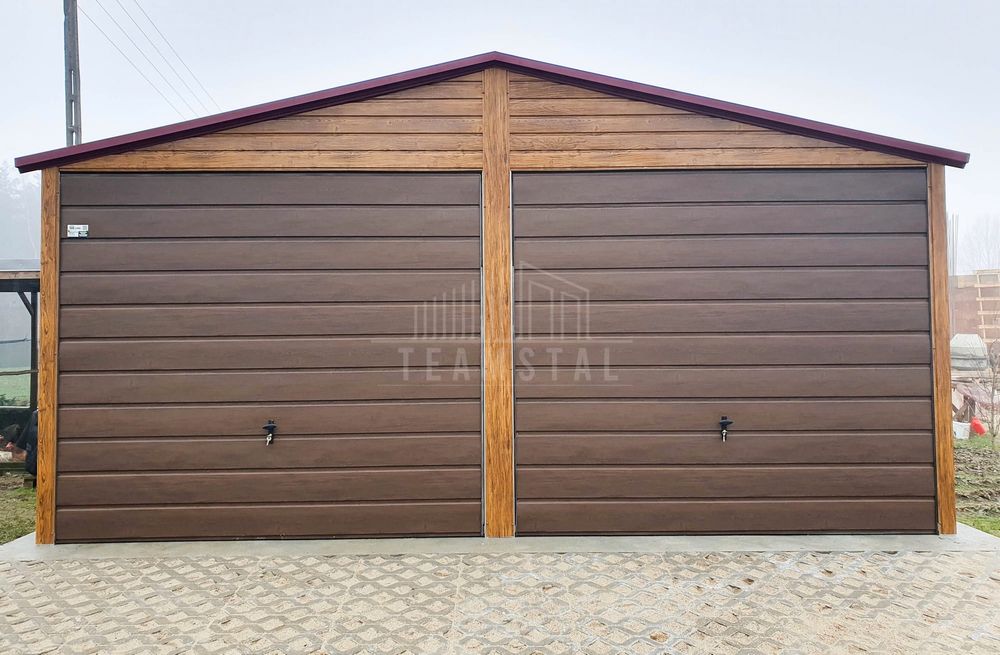Garaż Blaszany 6x6 2x Brama  - drewnopodobny drzwi - 2x okno TS584