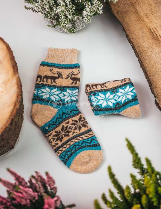 Niebiesko-beżowe skarpety z jelonkami z wełny króliczej 25cm-30cm