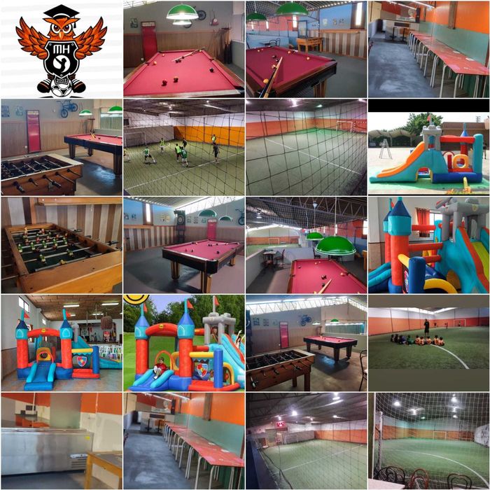 festa de aniversário com futebol, espaço coberto