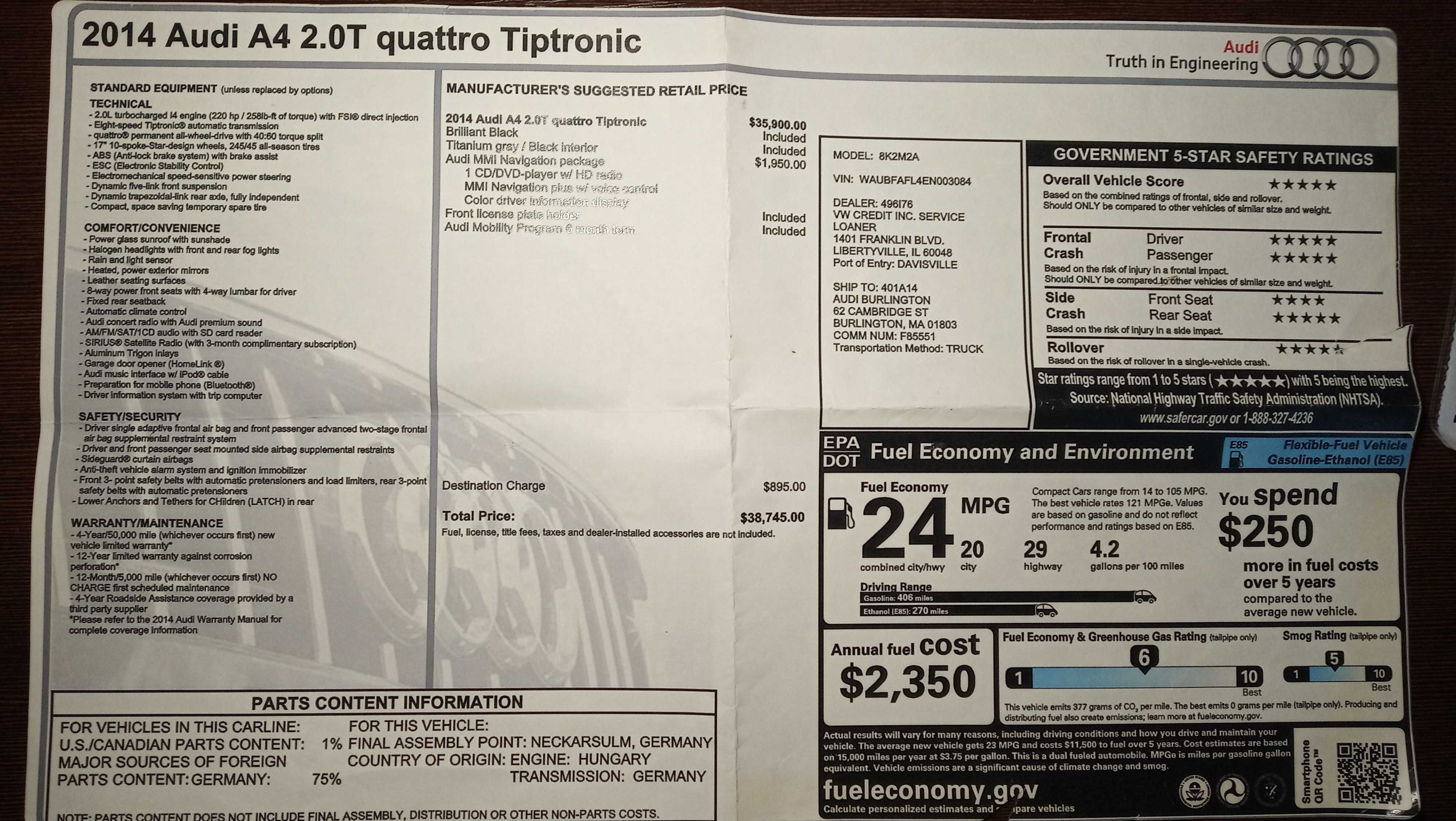 Audi A4 2013 2.0T Quattro Tiptronic
