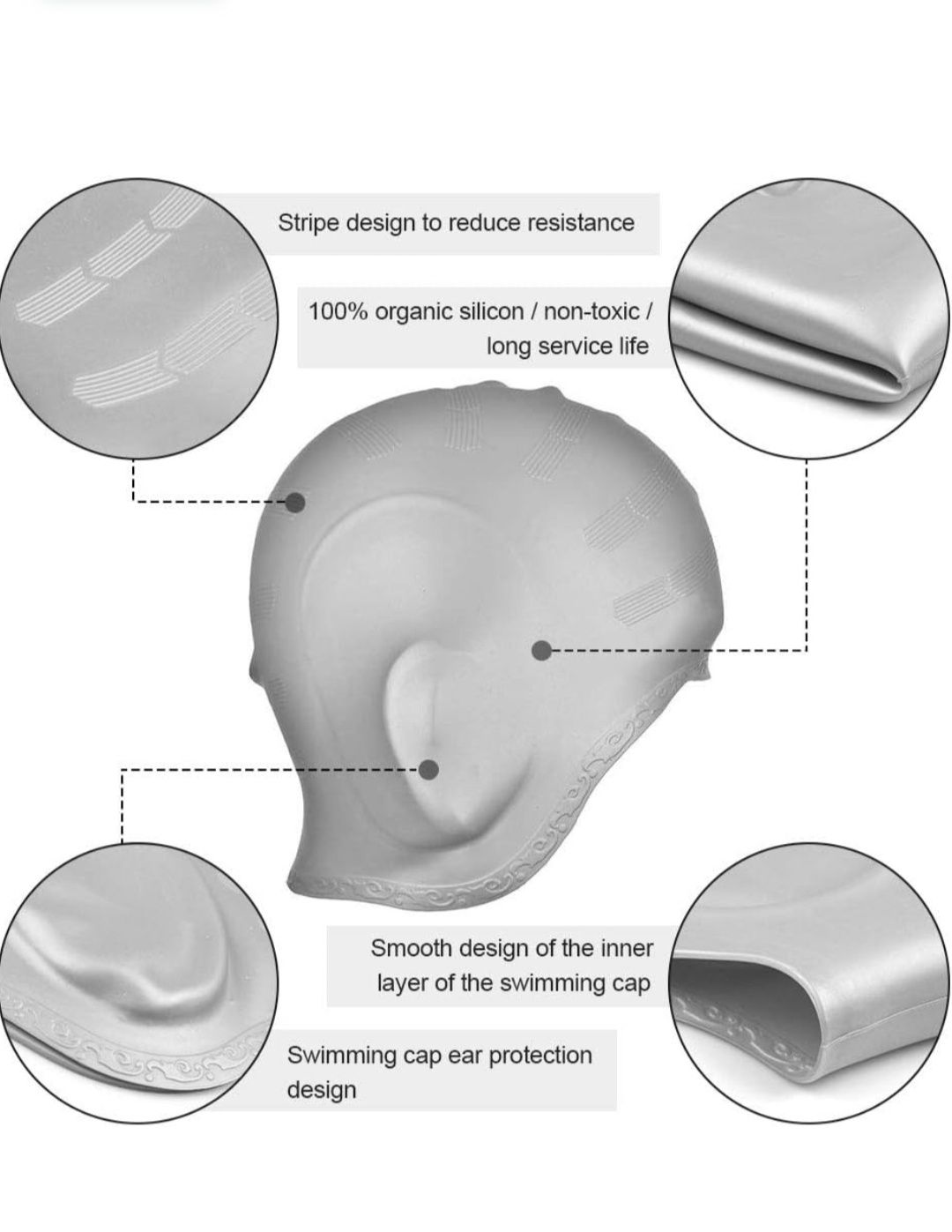 Czepek kąpielowy na basen z ochroną uszu silver silikon