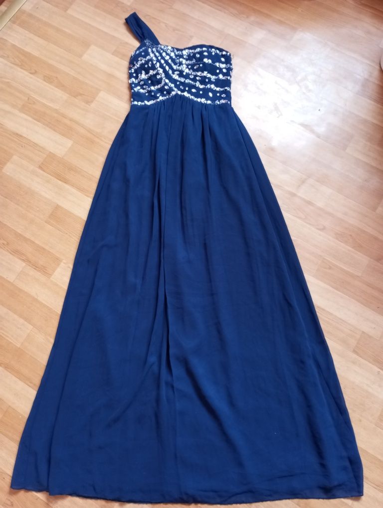 Elegancka długa suknia wieczorowa 36 S cyrkonie,wesele,impreza granat