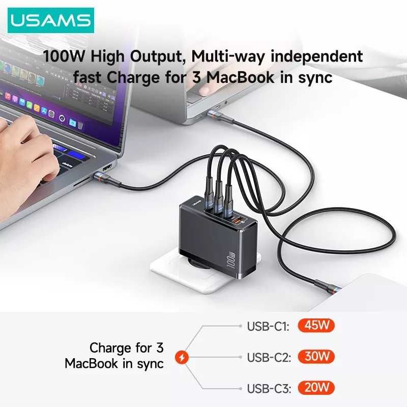 ⇒ Зарядное устройство USAMS GaN 100W  (4 USB) + Кабель Type-C 100W PD