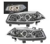 FARÓIS FRONTAIS RENAULT MEGANE 02-05 ANGEL EYES LED FUNDO CROMADO