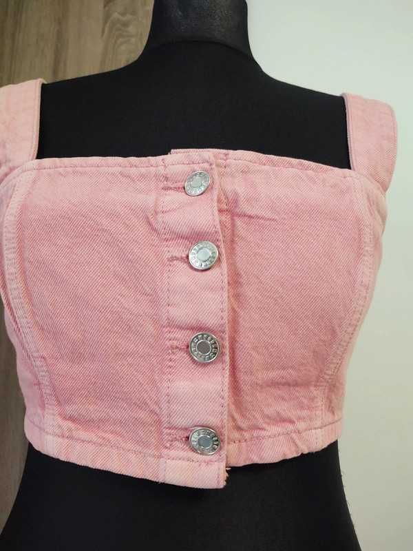 Różowy Jeansowy Crop Top na Ramiączkach 100% Bawełna Rozmiar S/M