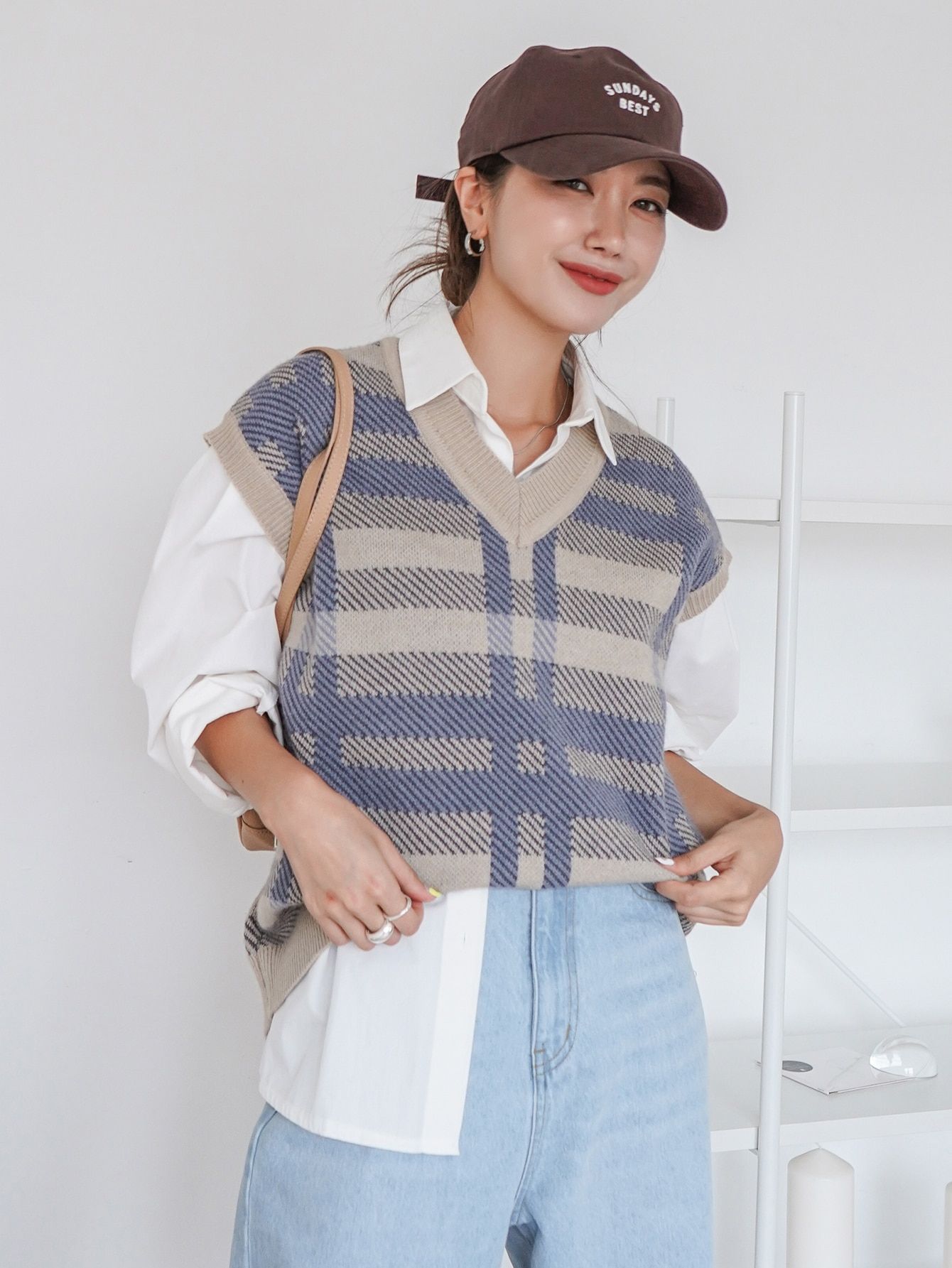 Sweterek Kamizelka Oversize Luźna W Kratkę Z Dekoltem V Casual Dazy M