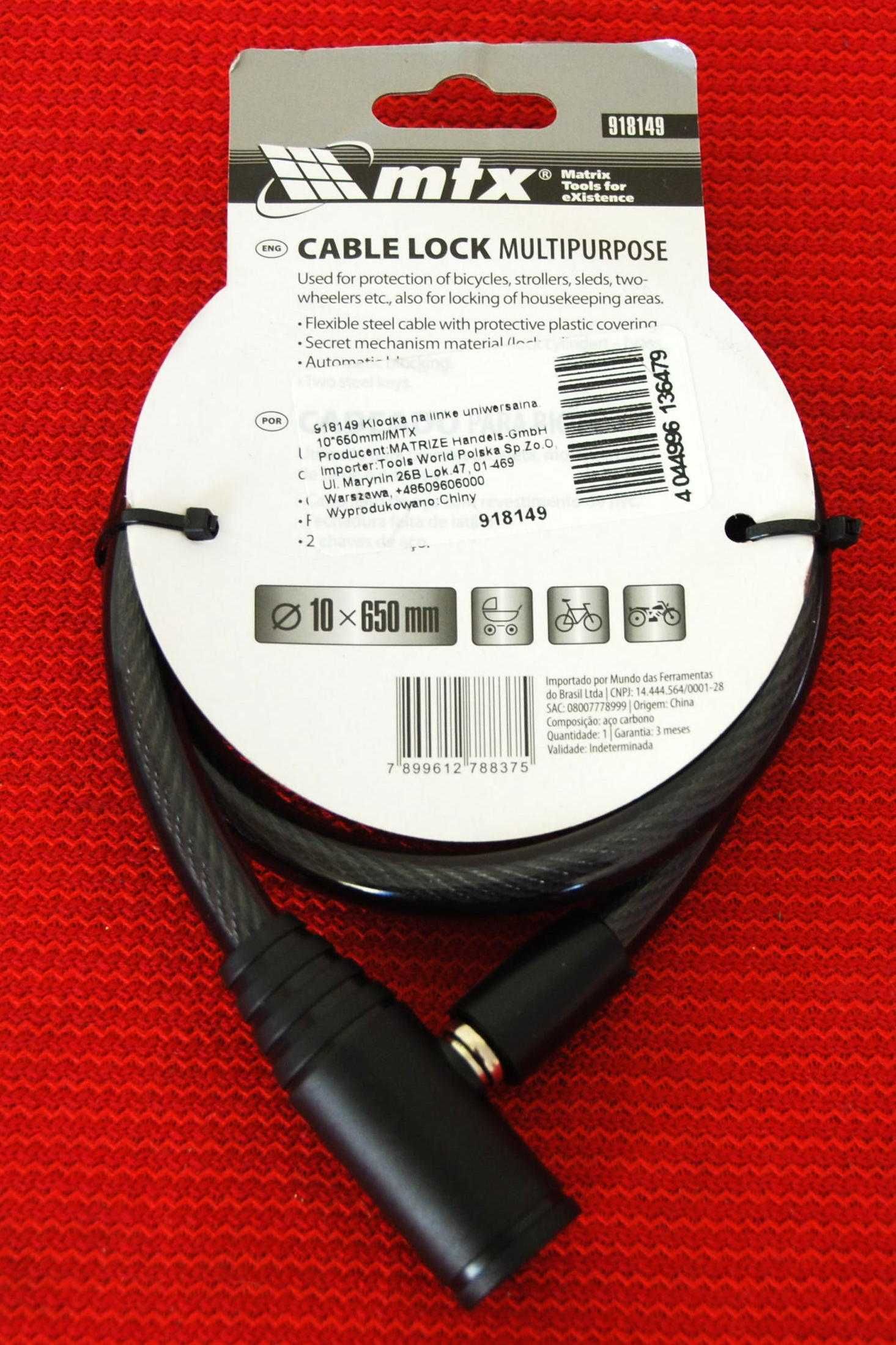 zamek rowerowy mtx cable lock 10x160mm supermocny stal