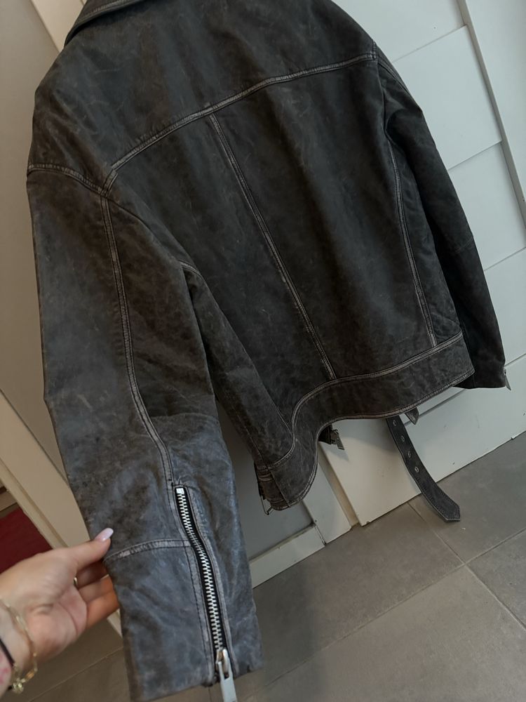 Zara skorzana kurtka s nowa biker ramoneska skora naturalna szara