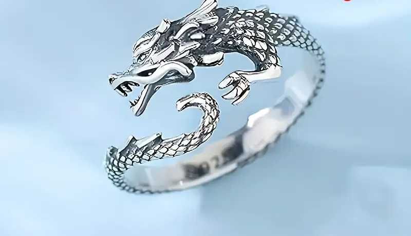 Регулируемое  серебрянное  кольцо в форме  дракона  S925