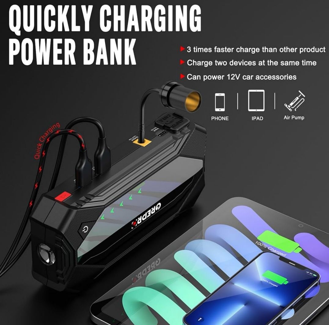 GREPRO Powerbank Rozruchowe Kable 3000A USB 12V LED Kompas
