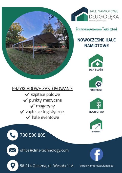 Hala namiotowa wynajem, sprzedaż 10x40, wysokość boku 3m