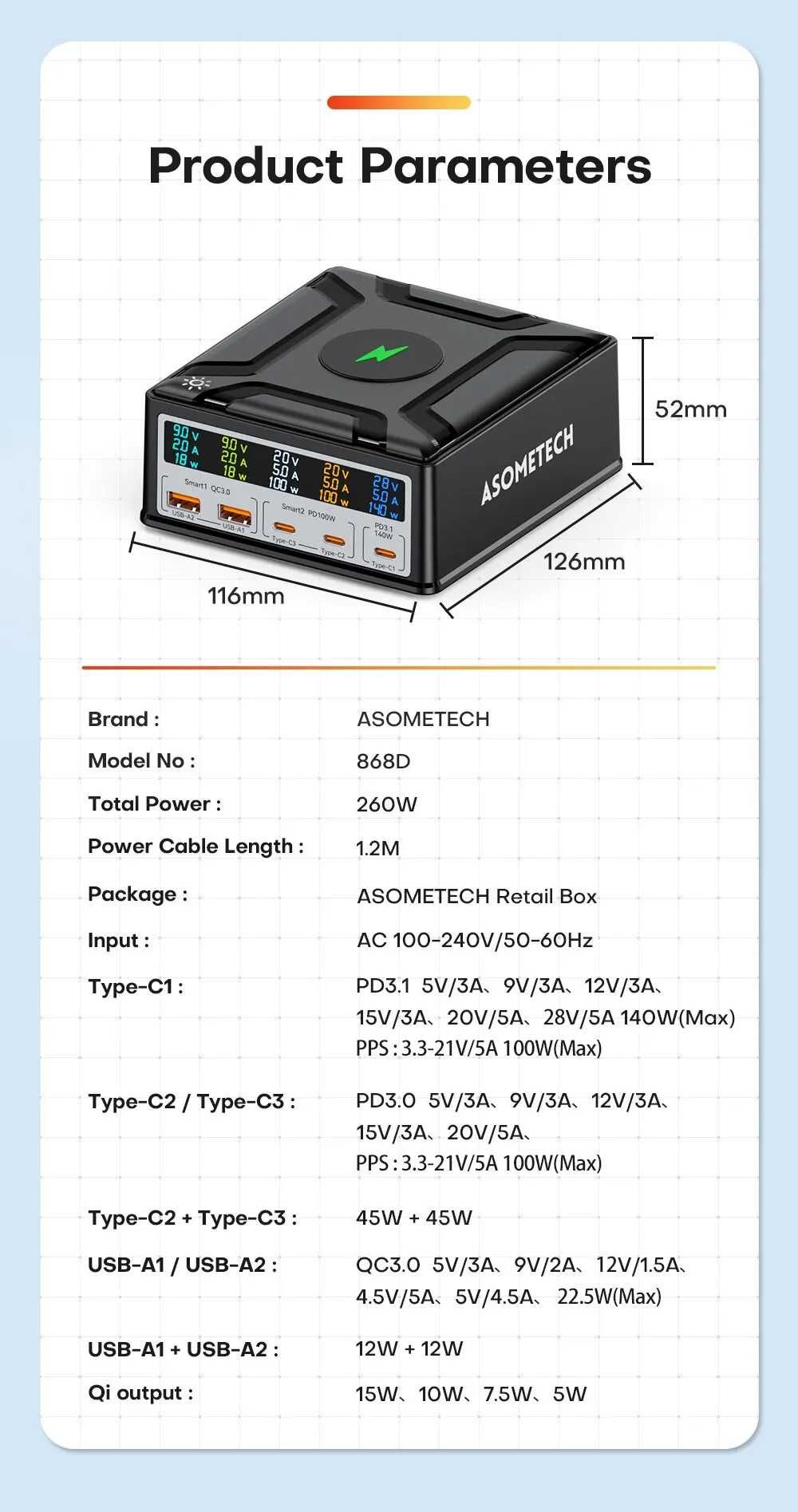 Зарядное устройство ASOMETECH 260 Вт GaN / PD3.1 - 140W