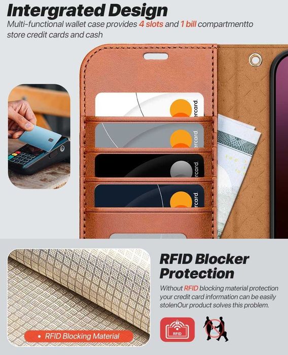 OCASE skórzane etui iPhone 16 Pro Max portfel jasny brązowy 2w1+ pasek