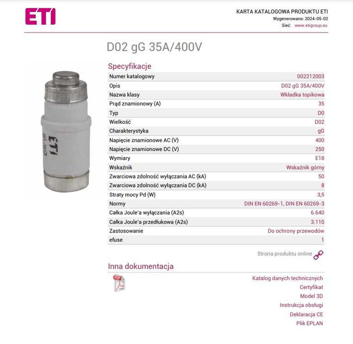 ETI Wkładka topikowa D02 gG 35A/400V 10 SZTUK.