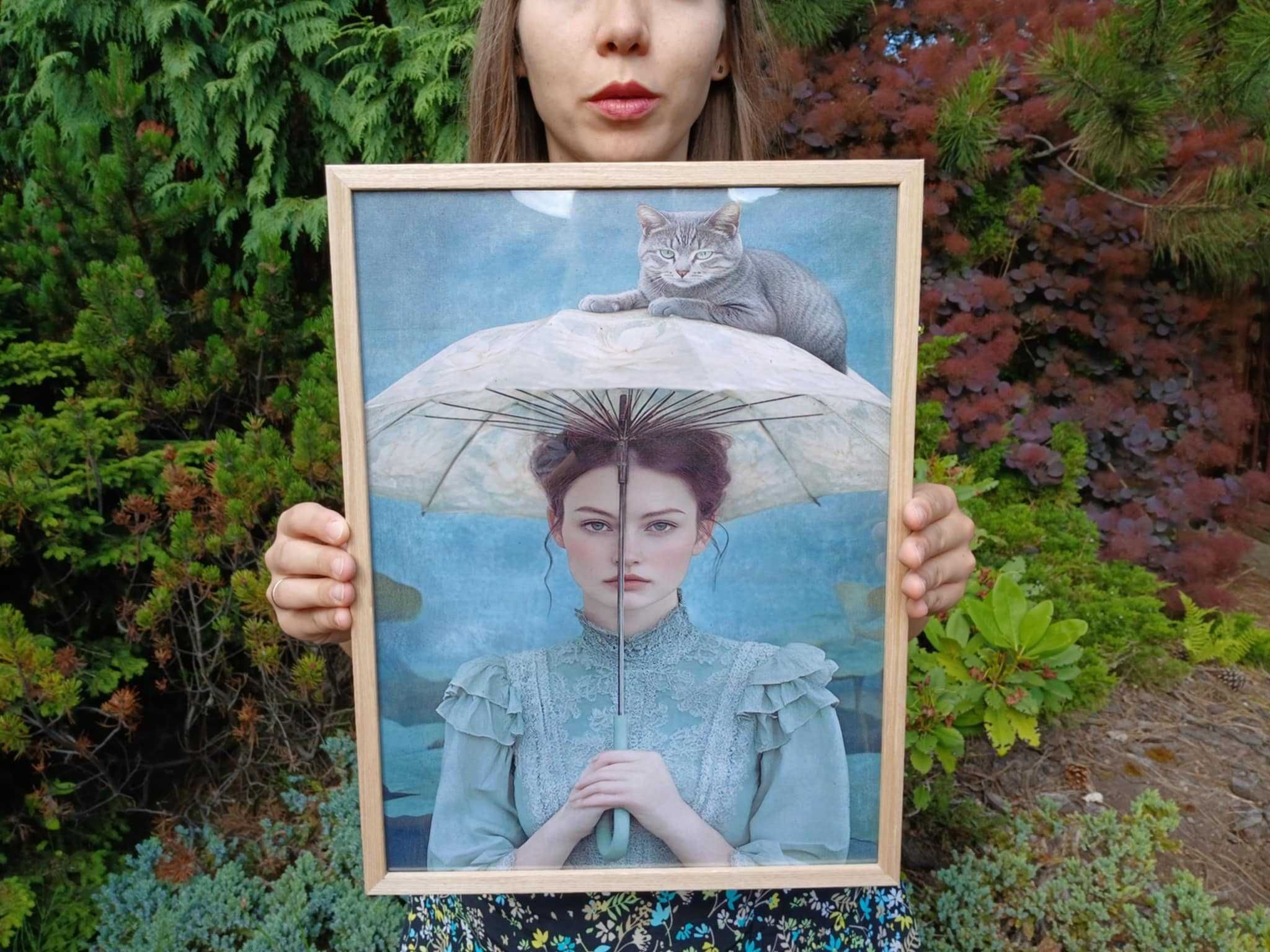 Obraz reprodukcja druk na płótnie Kobieta z kotem w ramie 30x40