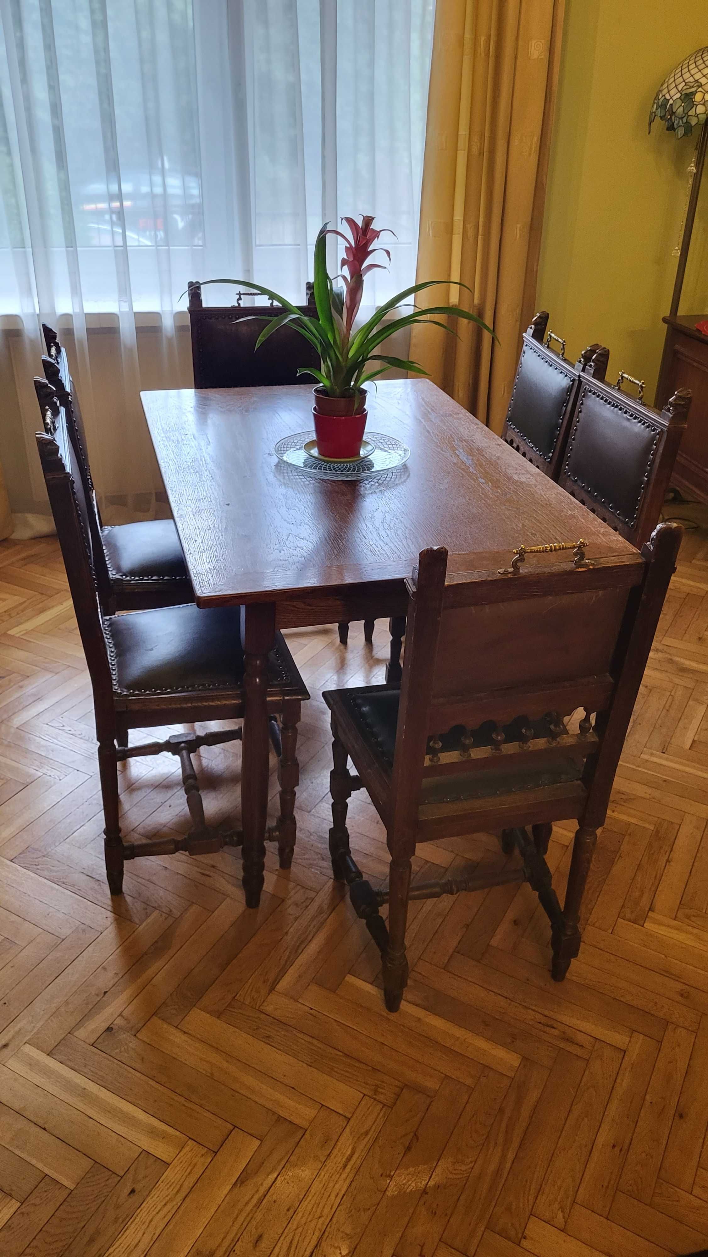 Antyki - Stół i 6 stylowych krzeseł drewnianych skórzanych rzeźbionych