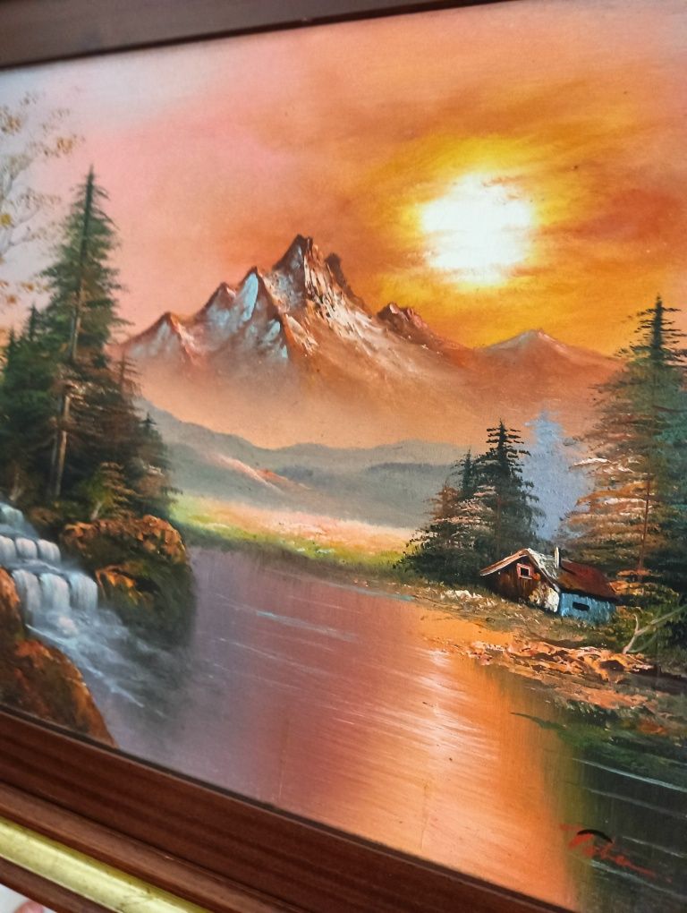 Quadro antigo pintado a óleo: Por do sol na montanha"	68 cm x 58 cm*