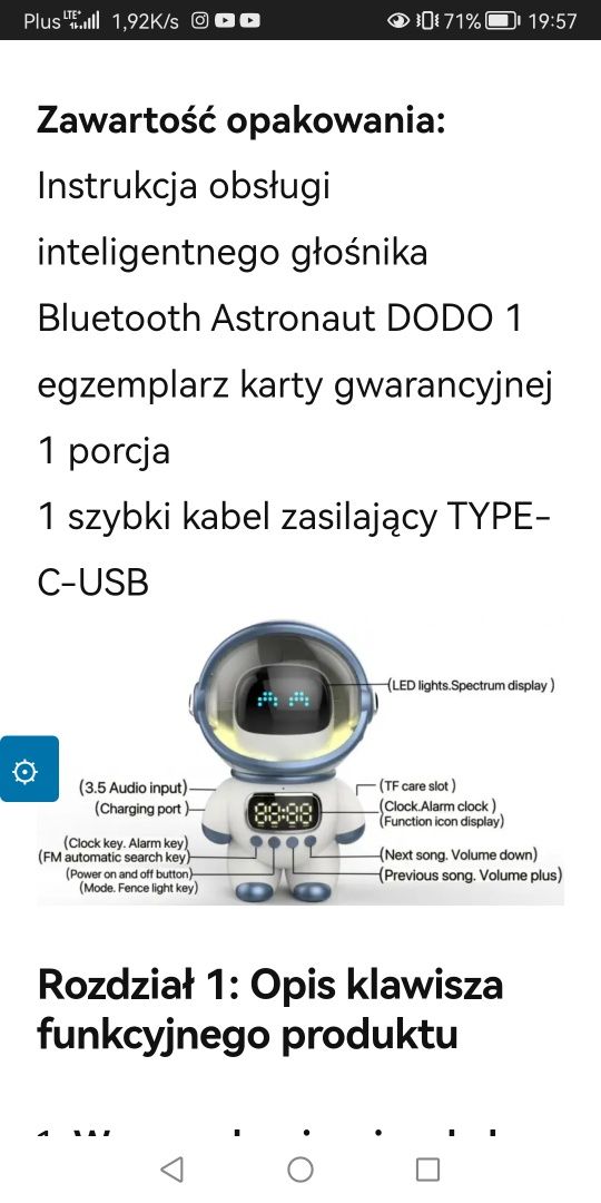 Astronauta dodo, budzik, lampka, radio