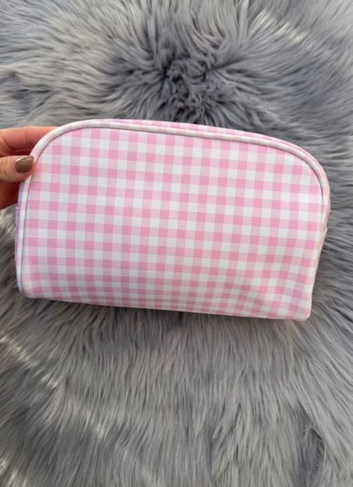 kosmetyczka różowa w kratę the vintage cosmetic użyta raz pojemna
