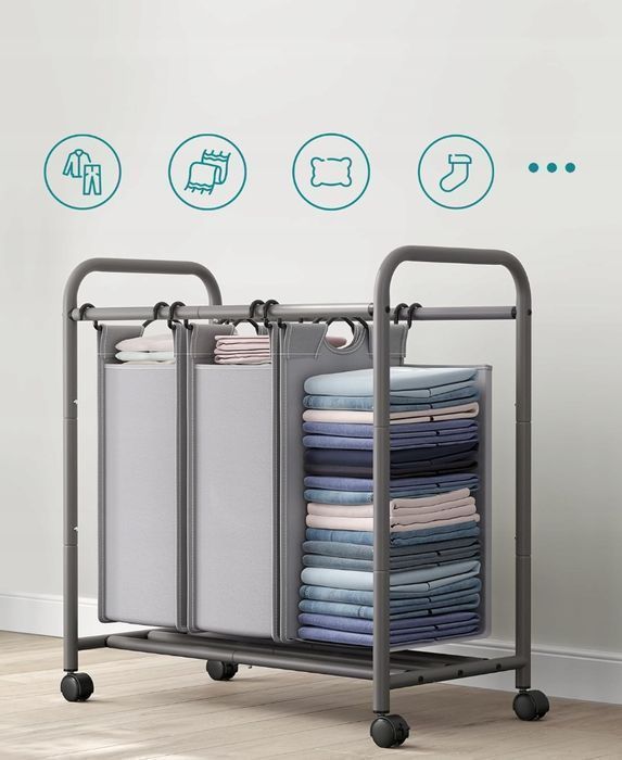 SONGMICS LSF003GS kosz na pranie z 3 przegródkami, z kółkami