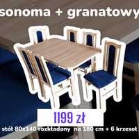 Nowe: STÓŁ 80x140-180 + 6 KRZESEŁ, SONOMA + GRANATOWY , dostawa PL