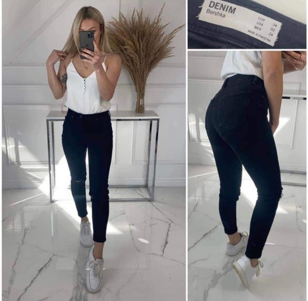 Spodnie rurki jeans denim high waist bershka czarne wysoki stan dziury