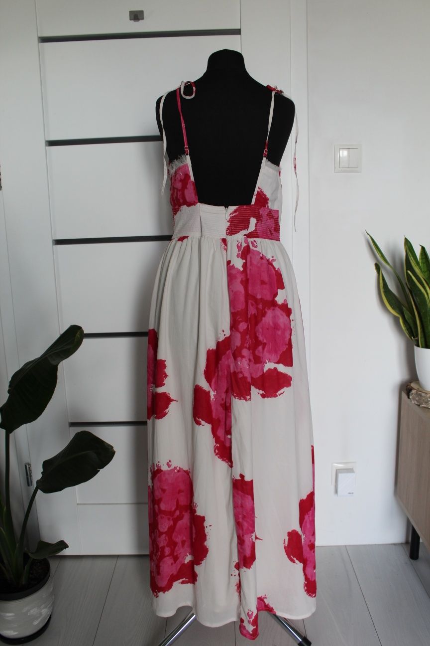Długa biała suknia S 36 różowe kwiaty maxi dkny odkryte plecy wiązana