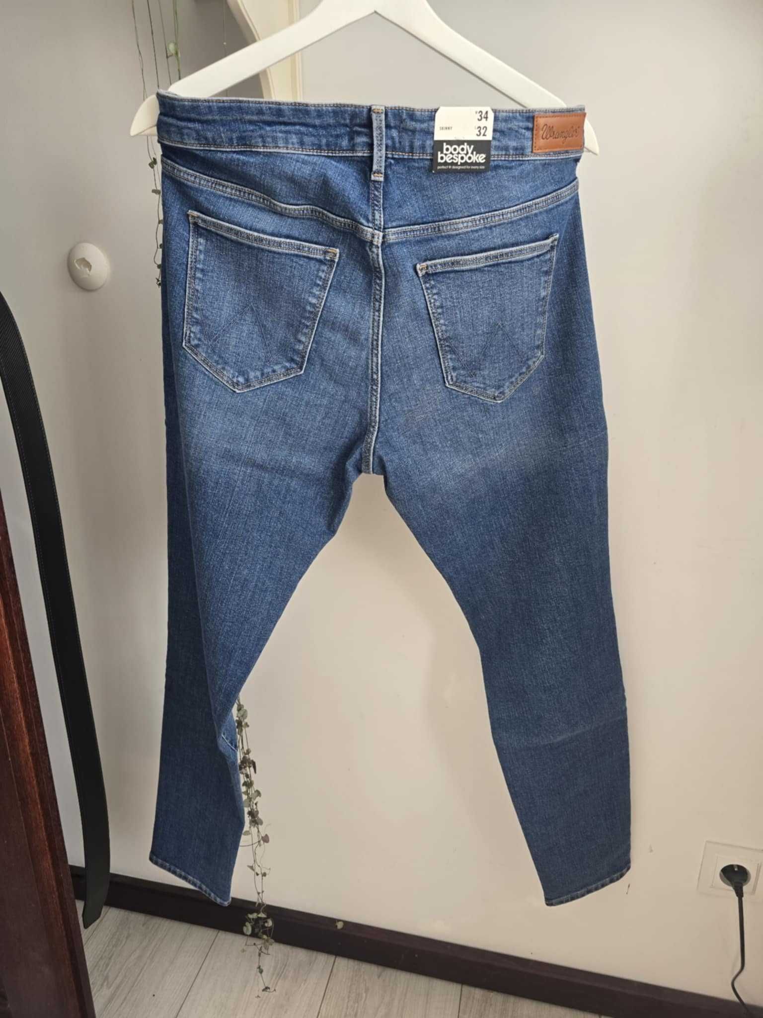 Nowe rurki Wrangler Skinny Body Bespoke niebieskie jeansowe W34 L32