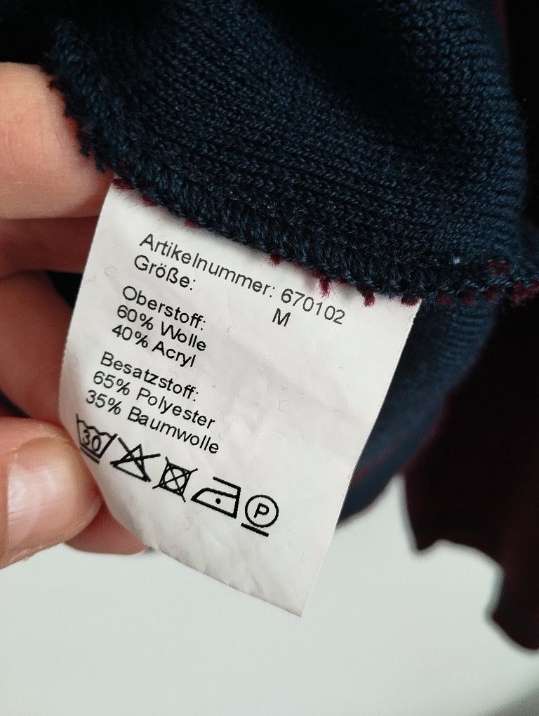 Bordowy męski sweter w serek z wełną r. M/L