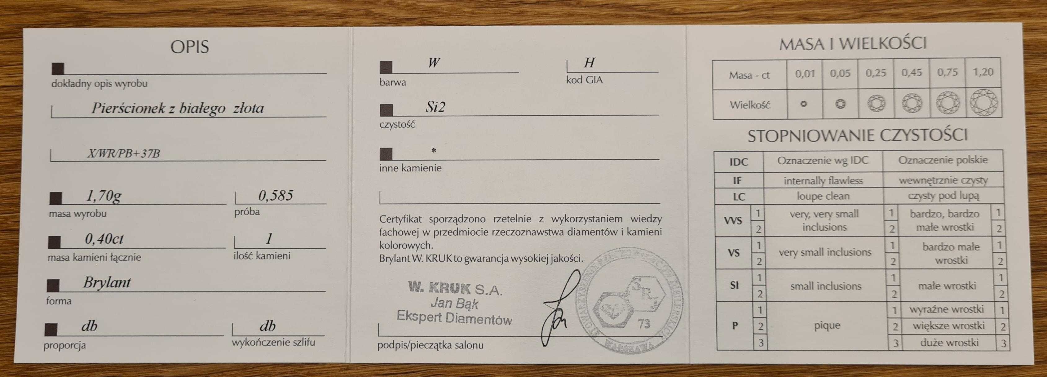 Pierścionek z brylantem (diament), W.Kruk "Jedyny", 0.40ct