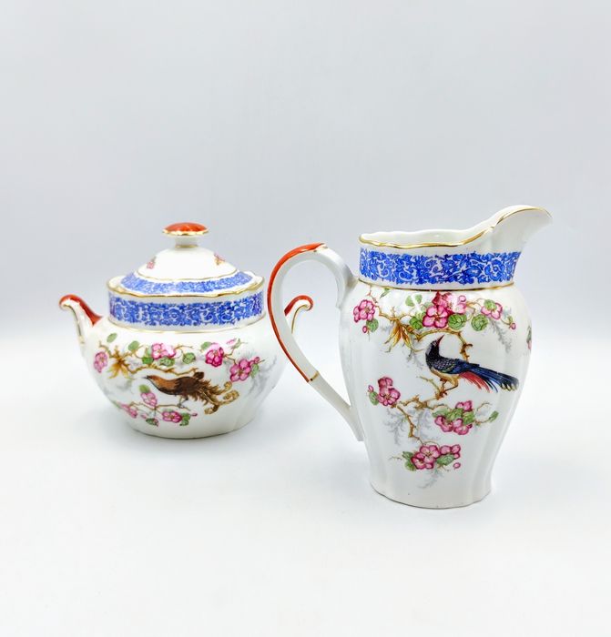 Zestaw mlecznik cukiernica antyk Rajski Ptak porcelana przedwojenna