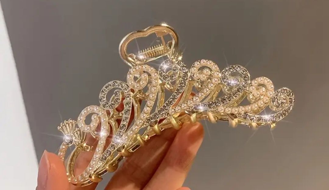 Elegancka duża spinka klamra do włosów paw z kryształkami i perłami